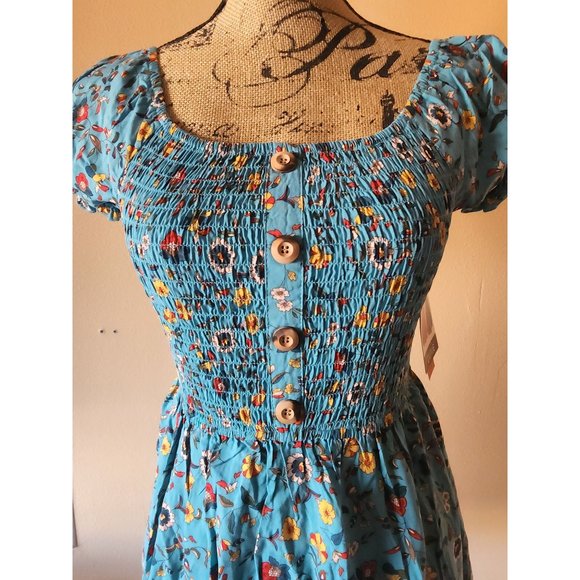 Zunie Girl's 10/12 Teal Floral Smocked Bodice Peasant Print Dress NEW - Picture 2 of 7